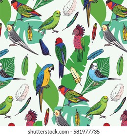 parrots birds with palm leaves pattern