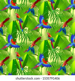 Parrots of blue red yellow, tropical leaves on a light yellow background. Pattern. Vector illustration.