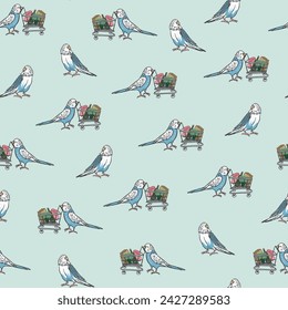 Parrots budgerigar birds pets vector seamless pattern.