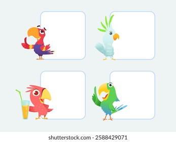 Parrots. cartoon colorful birds parrots standing near white empty banners with place for text