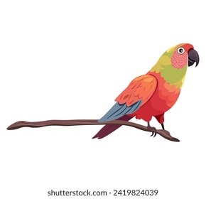 loros de colorido conjunto. En esta imagen cautivadora, un loro animado y colorido Ara ocupa el centro del escenario en un juguetón diseño de caricaturas contra un lienzo blanco limpio. Ilustración vectorial.