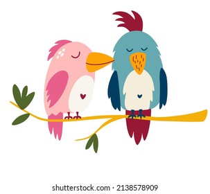 Parrots are a couple in love. Cute cartoon lovebird. Exotic birds. Great for children cards, prints and greeting card. Isolated vector clip art illustration.