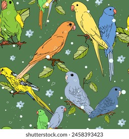 Parrots, exotic birds pattern. Bright retro pattern. For printing on prints, t-shirts, logos, sportswear, packaging paper