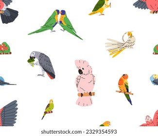 Perros, patrón exótico sin costuras. Interminable fondo tropical, aves de la selva. Paracaídas, budgerigar, macaw. Diseño de impresión repetitiva. Ilustración vectorial gráfica plana coloreada para textiles, papel pintado