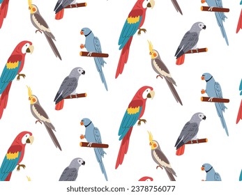 Parrots, exotic seamless pattern. Endless tropical background, jungle birds. Repeating print design.