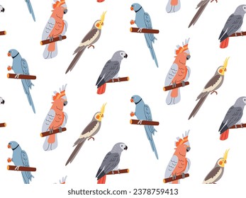 Parrots, exotic seamless pattern. Endless tropical background, jungle birds. Repeating print design.