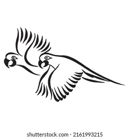 Parrots flying birds  Black   white line drawing  Good use for tattoo  symbol  icon  Vector illustration  Linear drawing  Calligraphic  drawing 