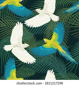 Parrots flying colorful tropical vector pattern illustration 