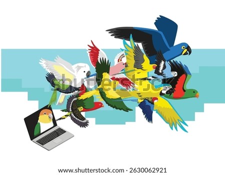 Parrots flying out of the laptop vector illustration