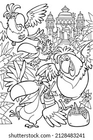 Parrots in jungle. Coloring page. Black outline. Vector illustration. Activity game for kids.