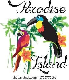 Parrots in the Jungle Illustration, Palm Trees Background, Birds in Nature