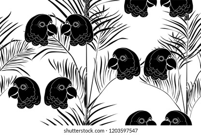 Parrots and kentia palms pattern. Vector illustration. Botanical seamless wallpaper. Digital nature art. Cartoon style sketch. White background.