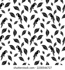 Parrots and leaves. Seamless exotic pattern