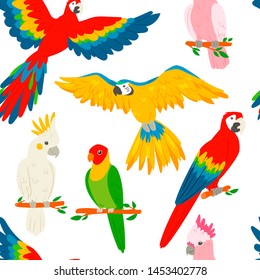 Parrots macaw red-blue isolated on white background seamless pattern vector illustration. Flying and sitting on branches. Wildlife of jungle and tropical forests of the Amazon.