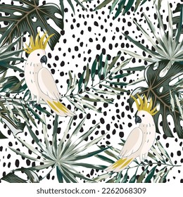 Parrots, monstera palm leaves, cheetah animal print background. Vector floral seamless pattern. Tropical illustration. Exotic plants, birds. Summer beach design. Paradise nature