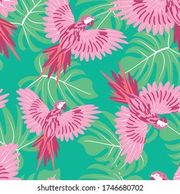Parrots on the background of palm branches and leaves. Tropical seamless pattern. Vector image.
