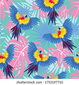 Perros en el fondo de ramas de palmera y hojas. Patrón tropical sin fisuras. Imagen vectorial.
