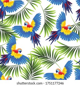 Parrots on a background of palm leaves. Tropical background pattern. Graphic design with amazing palm trees and birds suitable for fabrics, packaging, covers, magazines.