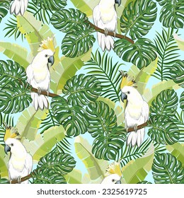 Parrots on branches in a pattern.Vector pattern with white parrots on palm branches.