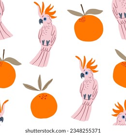 Parrots and oranges pattern on white background. Tropical pattern.