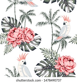 Parrots, palm tree silhouette, pink rose flower, monstera leaves bouquets, white background. Vector seamless pattern. Tropical illustration. Exotic plants, birds. Summer beach design. Paradise nature