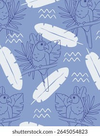 Parrots perched on branches surrounded by tropical leaves in a seamless pattern style. Birds and foliage create a repeating motif with a playful look. Cartoon vector illustration.