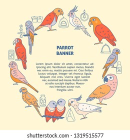 Parrots round concept banner in colored line style