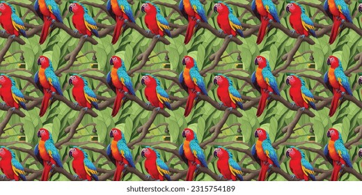 Parrots seamless pattern with Red, blue, Orange and green color, parrots sitting on the tree branches. Textile fabric realistic trendy vector with tropical forests