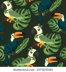 Parrots seamless pattern. Vector clipart, illustration with isolated background.