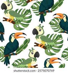 Parrots seamless pattern. Vector clipart, illustration with isolated background.