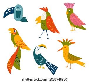 Parrots set. cute cartoon different tropical birds. Bright summer collection with animal characters. Hand draw Vector illustration