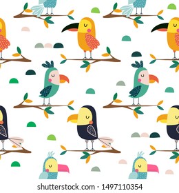 Parrots sitting on a tropical tree, childish design for fabric, wrapping, textile, wallpaper, apparel.