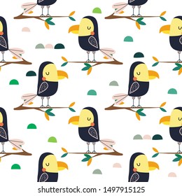 Parrots sitting on a tropical tree, childish design for fabric, wrapping, textile, wallpaper, apparel.