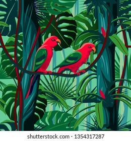 Parrots in the thickets of a flowering rainforest. Handmade drawing vector illustration. Seamless Pattern. 