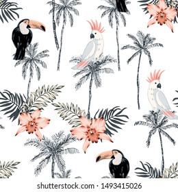 Parrots, toucans, palm tree silhouette, pink orchid flower, leaves, white background. Vector seamless pattern. Tropical illustration. Exotic plants, birds. Summer beach design. Paradise nature