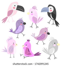 Parrots and toucans. Set of colored cartoon birds. Children's illustration. Flat vector illustration isolated on white background.