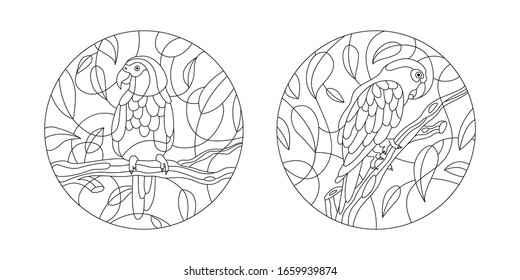 Parrots, tropical birds. Simple Coloring page for children and adults design style. Isolated black and white.