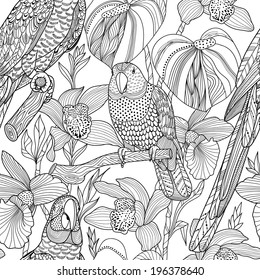 Parrots and tropical flowers. Vector seamless pattern