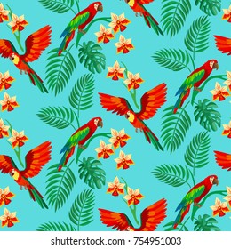 Parrots in tropical jungle seamless pattern background.