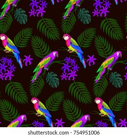 Parrots in tropical jungle seamless pattern background.