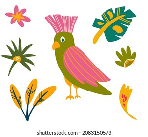 Parrots and tropical leaves. Exotic bird. Funny cartoon animal with leaves and flowers isolated on white background. Childish print design. Hand draw vector illustration. 