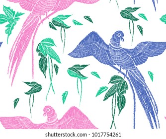 Parrots with tropical leaves seamless background pattern. Vector illustration hand drawn. Embroidery design.