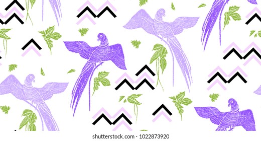 Parrots with tropical leaves seamless background pattern. Vector illustration hand drawn. Embroidery design.