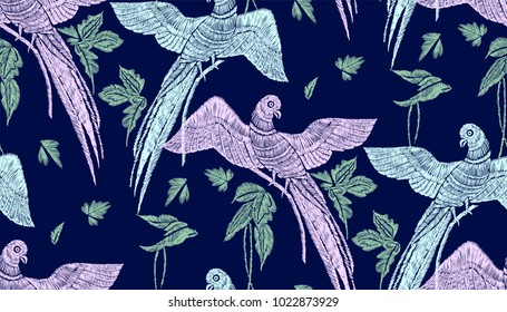 Parrots with tropical leaves seamless background pattern. Vector illustration hand drawn. Embroidery design.