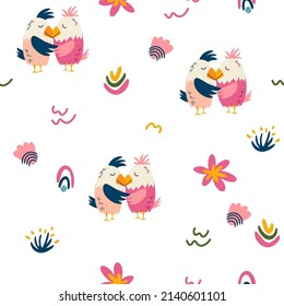 Parrots and tropical leaves seamless pattern. Jungles background. Endless background in childish style for fabric, textile, kids and wallpaper. Vector cartoon illustration