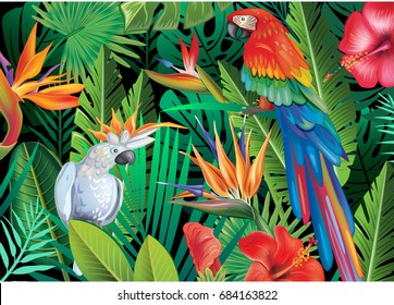 Parrots with tropical plants