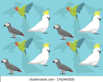 Parrots Various Lovebird Cockatoo Grey Vector Seamless Background Wallpaper-01