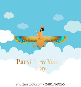 A Parsi New Year’s Day banner featuring a cloud background, with soft, wispy clouds against a serene sky, creates a peaceful and uplifting atmosphere, capturing attention and celebrating tradition.