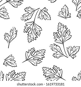 Parsley black and white seamless pattern. Seasoning, spice, herb outline image. Botanical background.