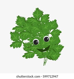 Parsley character. Funny doodle cartoon vegetable. Isolated on white background. Flat vector stock illustration